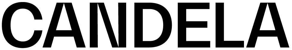 Candela logo in white outlined lettering on a black background