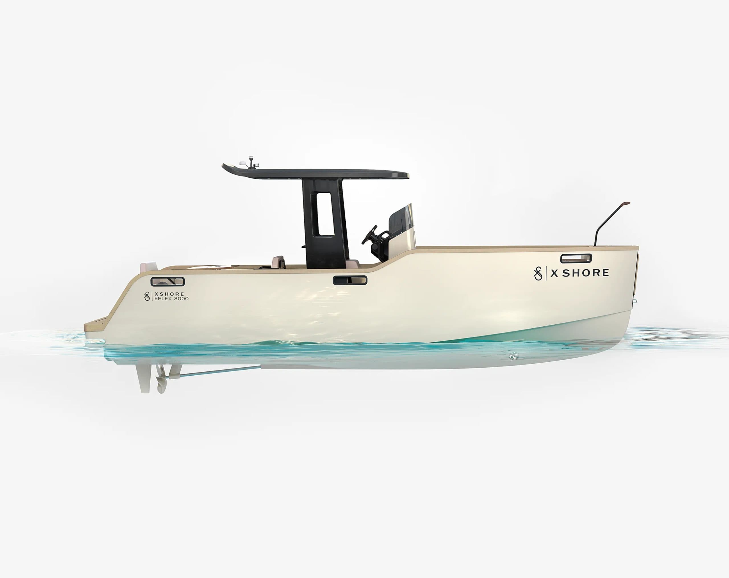 Side view of a cream-colored X Shore Eelex electric boat on calm water, with an open cockpit and black T-top roof.