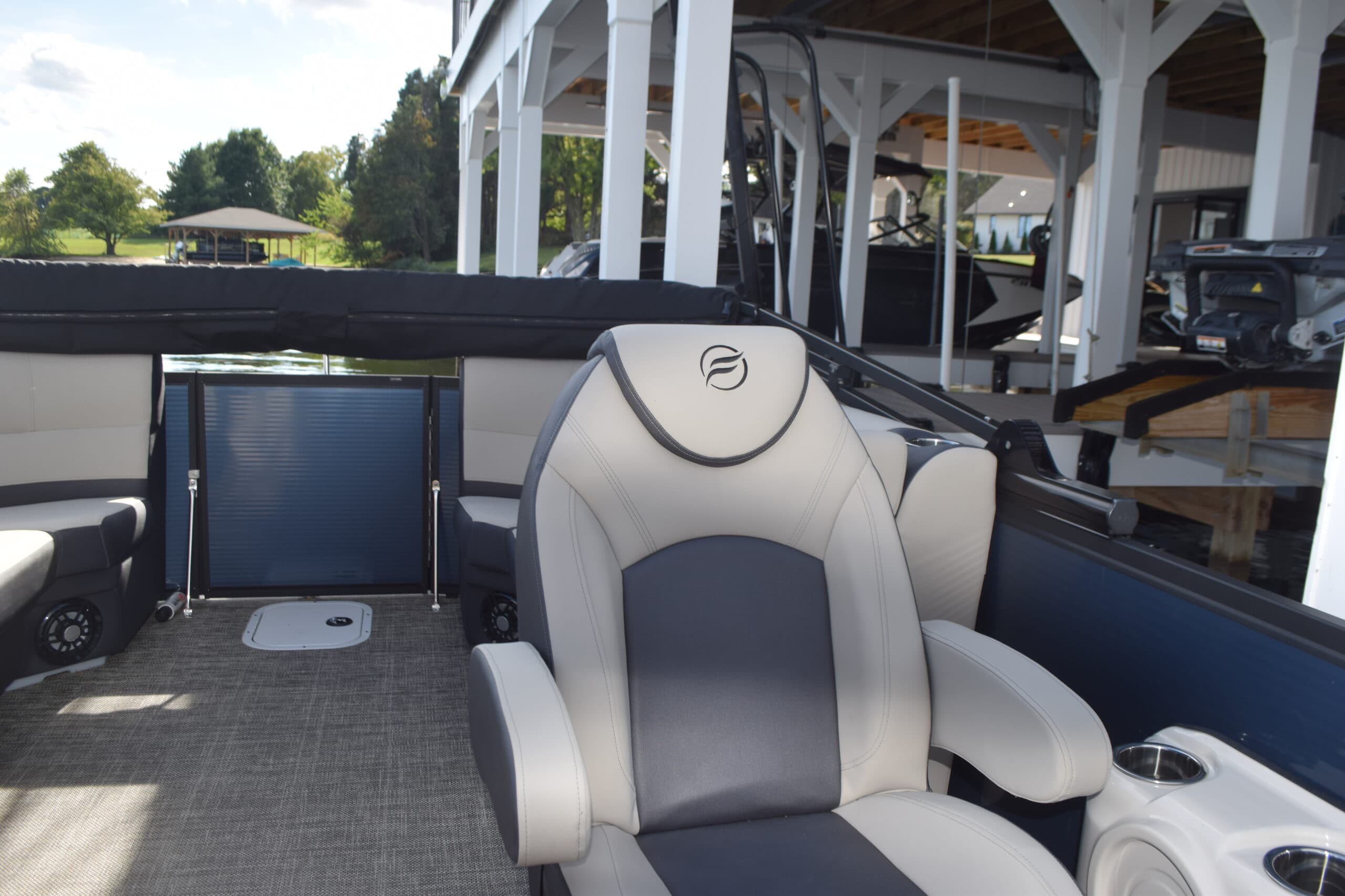 Flagship Discover helm seat and cockpit, viewed from the stern.