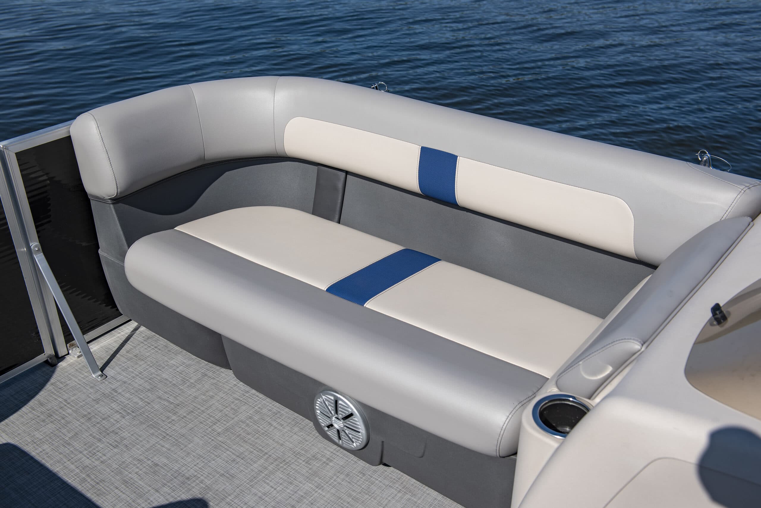 Rear bench seating and cup holder in a 2026 Princecraft Brio e 17, viewed from above toward the stern.