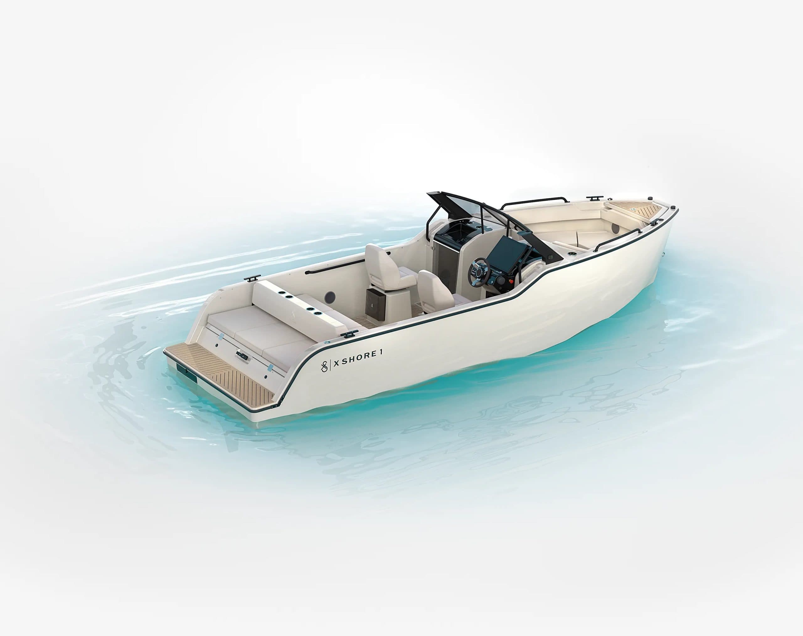 X Shore XS1 boat viewed from above and aft, showing the open cockpit, helm, seating, and bow.